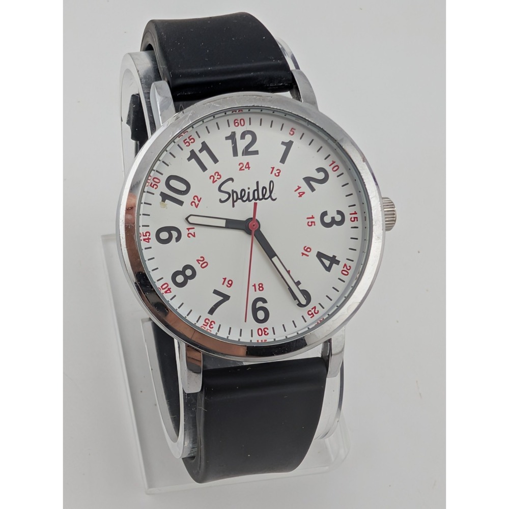 Speidel Men's Watch 38mm Silver Case Black Silicone Band- New Battery